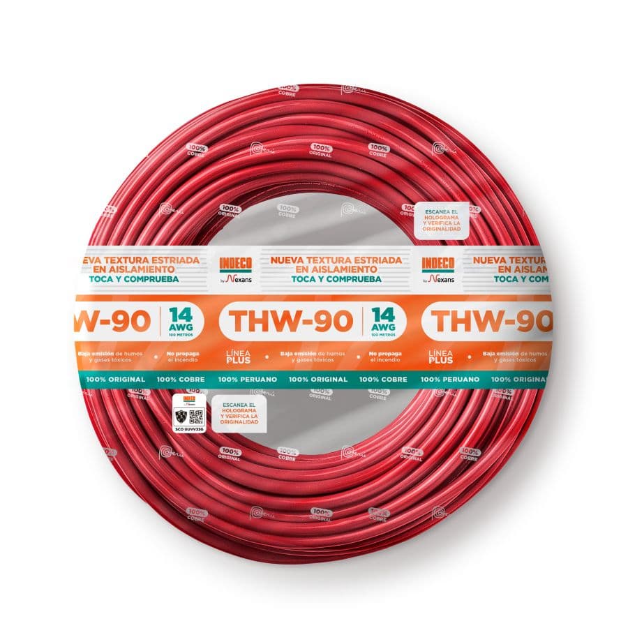 CONDUCTOR ELECTRICO ESTRIADO 750V PVC 14AWG ROJO THW-90 + PLUS