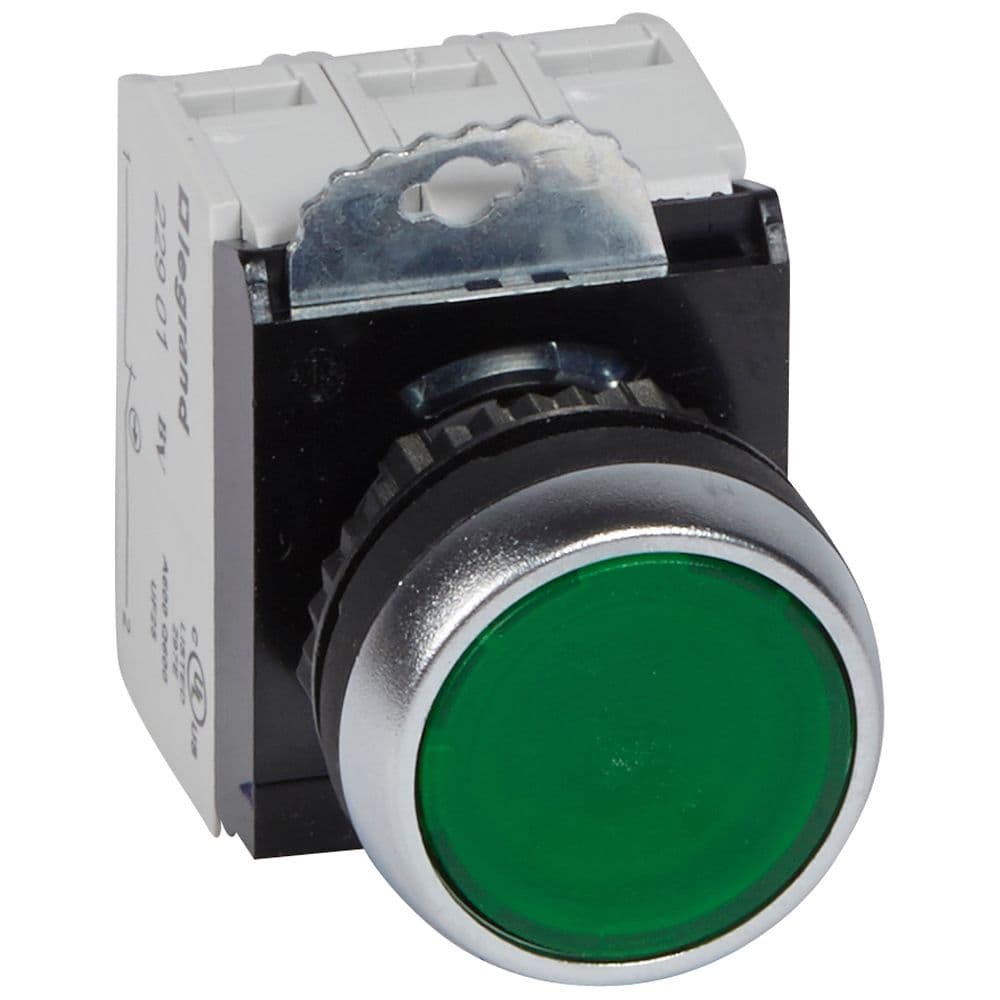 PULSADOR LUMIN. RASANTE METAL VERDE 22MM 230VAC/DC C/LED 1NA+1NC OZMOS 023759
