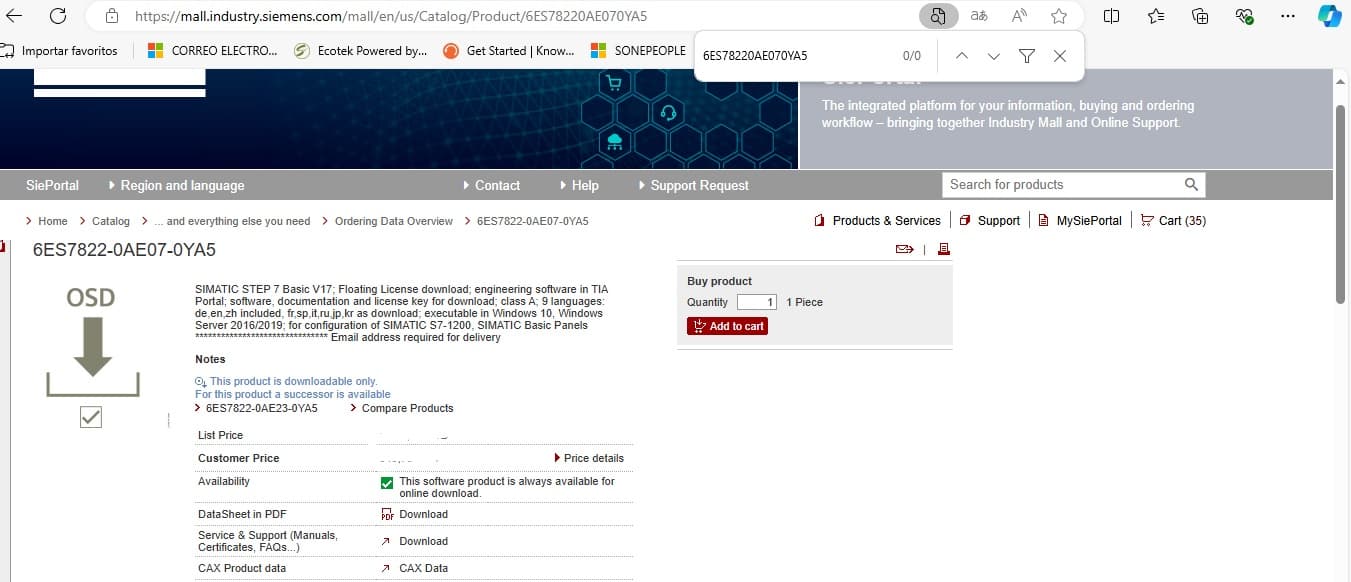 SOFTWARE SIMATIC STEP 7 BASICO V17 LICENCIA FLOTANTE 6ES78220AE070YA5
