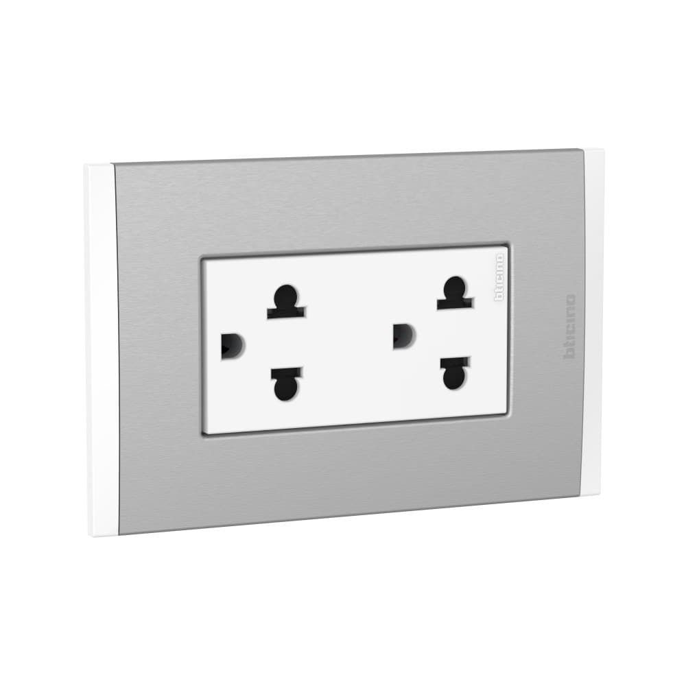 TOMACORRIENTE DUPLEX UNIVERSAL BLANCO 2P+T 16A 250V C/PLACA ALUM TITANIO BL MODUS4 AH2212TREBMT