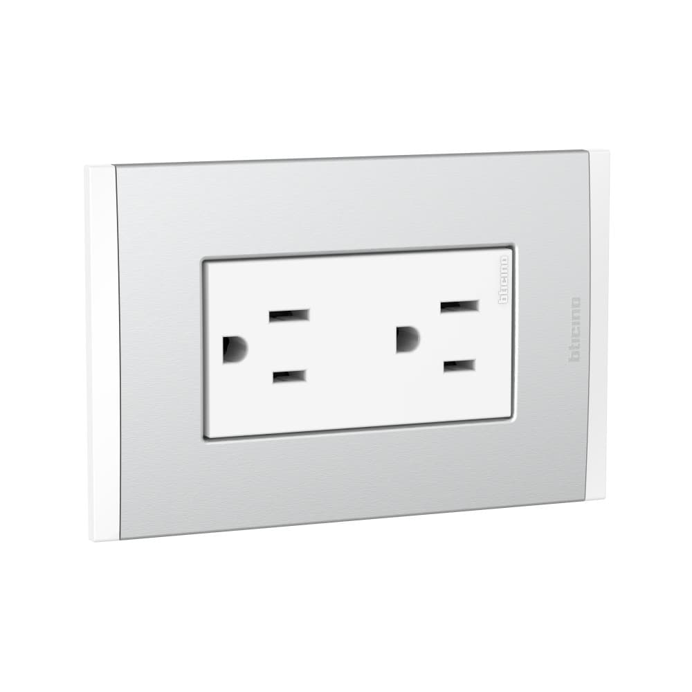 TOMACORRIENTE DUPLEX AMERICANO BLANCO 2P+T 16A 250V C/PLACA ALUM NAT MODUS4 AH2228EBMN