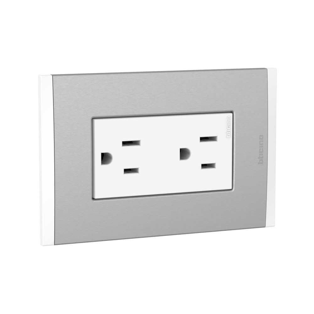 TOMACORRIENTE DUPLEX AMERICANO BLANCO 2P+T 16A 250V C/PLACA ALUM TITANIO BL MODUS4 AH2228EBMT