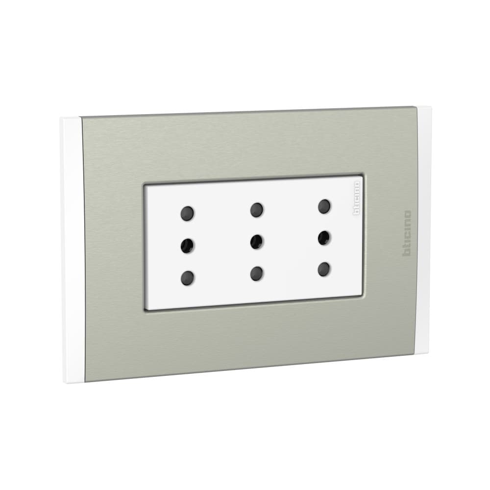 TOMACORRIENTE TRIPLEX 3 EN LINEA BLANCO 2P+T 10A 250V C/PLACA ALUM CHAMPAGNE MODUS4 AH2113E3BMC