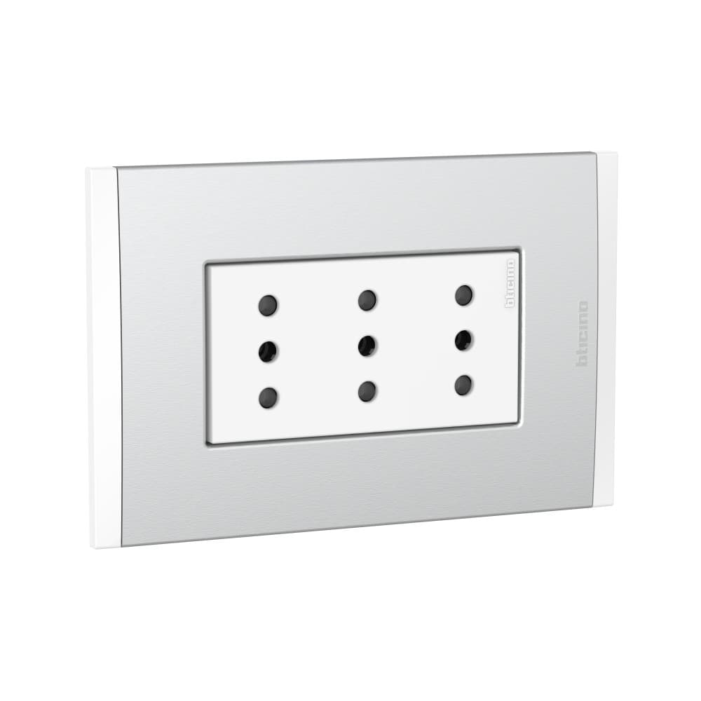 TOMACORRIENTE TRIPLEX 3 EN LINEA BLANCO 2P+T 10A 250V C/PLACA ALUM NAT MODUS4 AH2113E3BMN