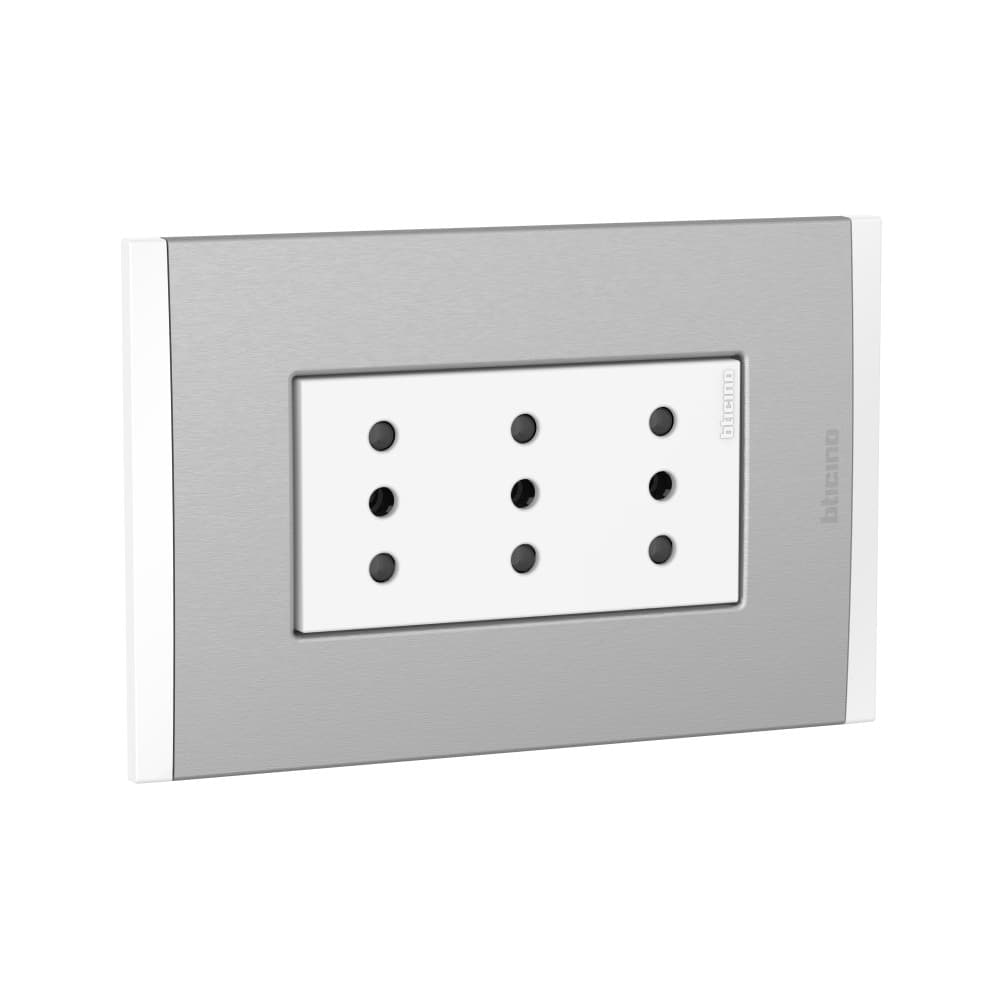 TOMACORRIENTE TRIPLEX 3 EN LINEA BLANCO 2P+T 10A 250V C/PLACA ALUM TITANIO BL MODUS4 AH2113E3BMT