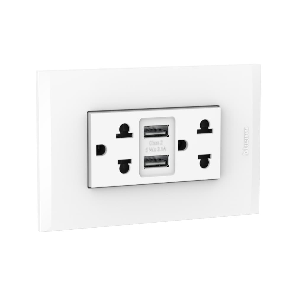 TOMACORRIENTE DUPLEX UNIVERSAL+2 USB TIPO A BLANCO 2P+T 16A 250V C/PLACA BLANCA MODUS4 AH2375USBEB
