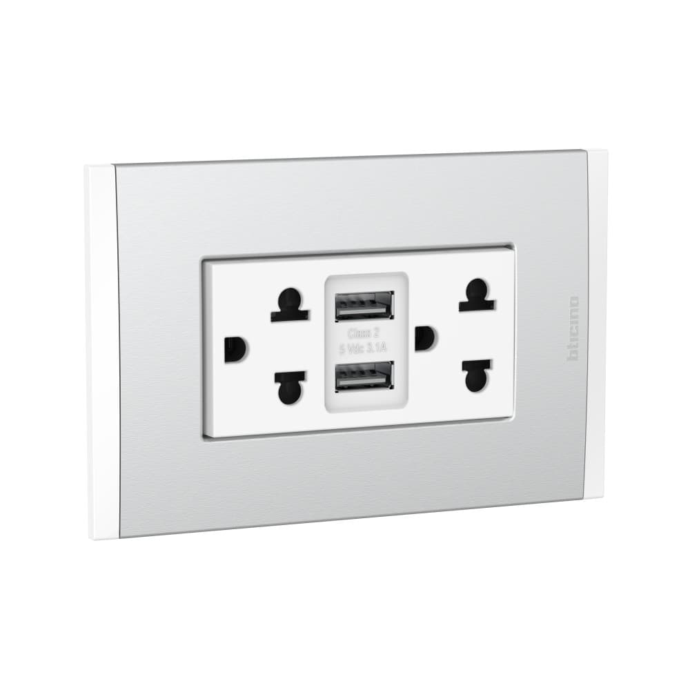 TOMACORRIENTE DUPLEX UNIVERSAL+2 USB TIPO A BLANCO 2P+T 16A 250V PLACA ALUM NAT MODUS4 AH2375USBEBMN