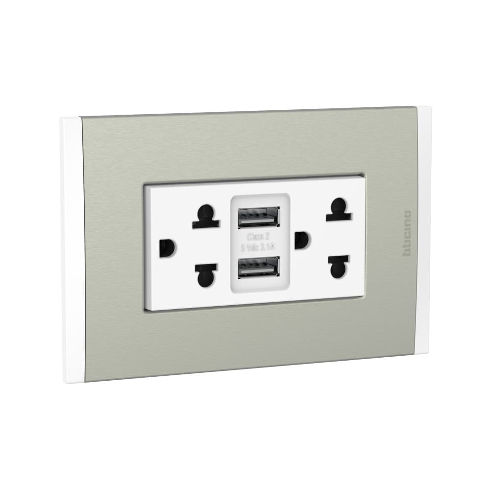 TOMACORRIENTE DUPLEX UNIVERSAL+2 USB TIPO A BLANCO 2P+T 16A PLACA ALUM CHAMPAGN MODUS4 AH2375USBEBMC