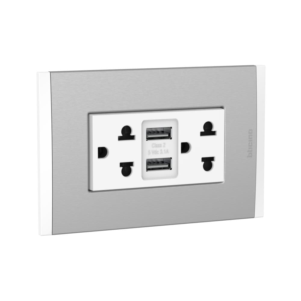TOMACORRIENTE DUPLEX UNIVERS+2 USB TIPO A BLANCO 2P+T 16A PLACA ALUM TITANIO BL MODUS4 AH2375USBEBMT