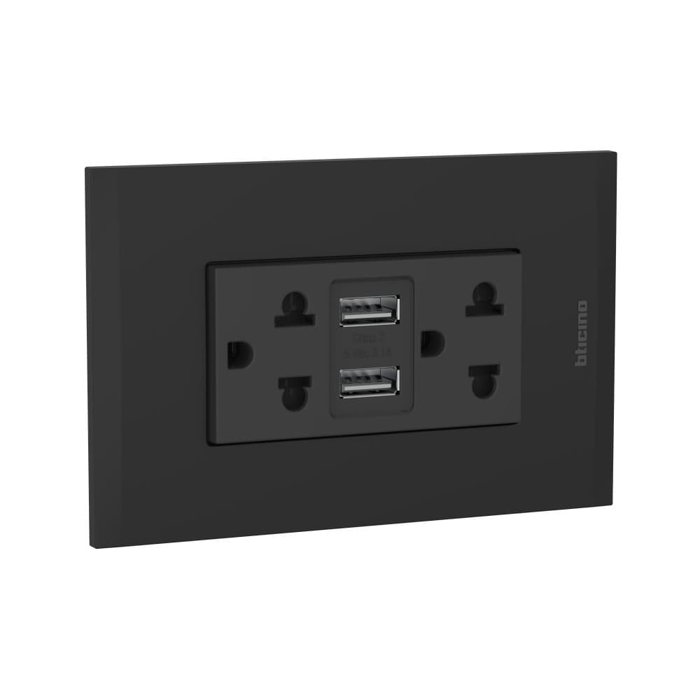 TOMACORRIENTE DUPLEX UNIVERSAL+2 USB TIPO A NEGRO 2P+T 16A 250V C/PLACA NEGRO MODUS4 AH2375USBEANG