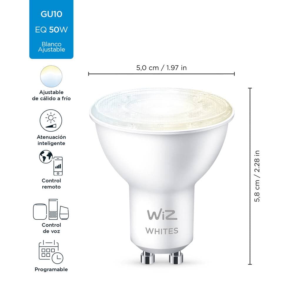 LAMPARA LED INTELIGENTE PAR16 4.9W 2700-6500K 220-240V GU10 WHITE TUNABLE WIZ WIFI