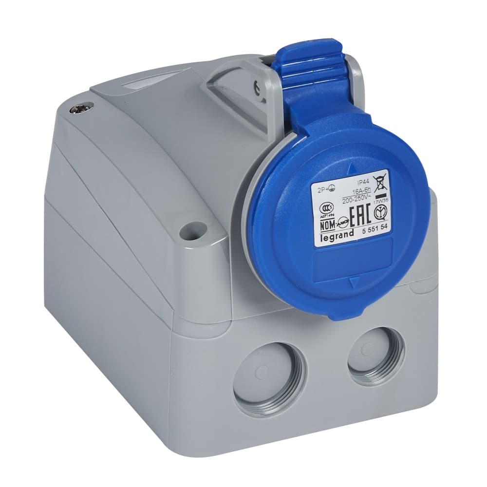 TOMA INDUSTRIAL ADOSABLE 2P+T 16A 250VAC AZUL 6H IP44 555154