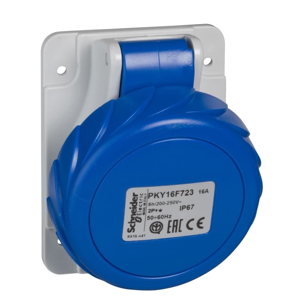 TOMA INDUSTRIAL EMPOTRADO 3P+T 32A 250VAC AZUL 9H IP67 PKY32F724