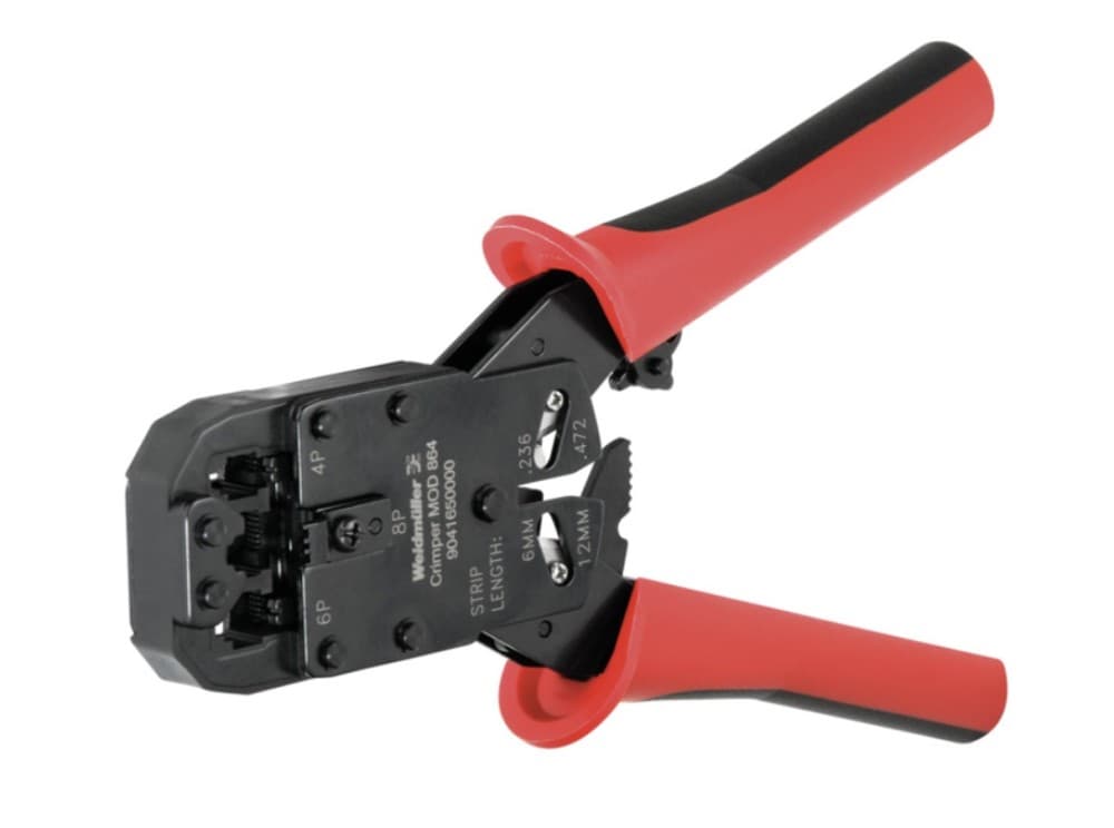 Herramienta para cortar, desaislar y prensar clavijas modulares de 4, 6, 8 polos,